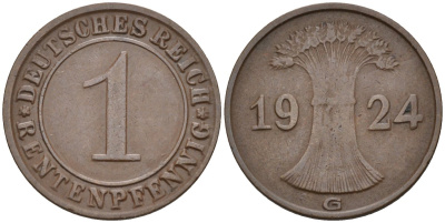 Германия 1 рентенпфенниг 1924 G KM 30, J.306, Weege 1 медь 4585-546