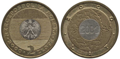 Польша 2 злотых 2000 MW, миллениум KM 374 биметалл UNC 114-111