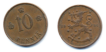 Финляндия 10 пенни 1934 республика (1918-1962) KM 24 медь 51-5353