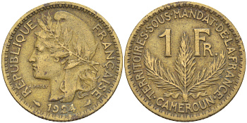 Французский Камерун 1 франк 1924 (а), монетный двор Париж KM 2 алюминиевая бронза 29-216
