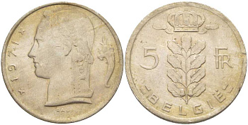 БЕЛЬГИЯ 5 ФРАНКОВ 1971 BELGIE, БОДУЭН I (1951-1993) KM 135.1 медно-никель 202-1214