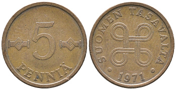 ФИНЛЯНДИЯ 5 ПЕННИ 1971 KM 45 медь 100-964