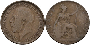 Великобритания 1/2 пенни 1913 Георг V (1910-1936) KM 809, Spink 4056 бронза 4146-131