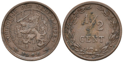 Нидерланды 1/2 цента 1906 Вильгельмина (1890-1948) KM 133 бронза 4576-133