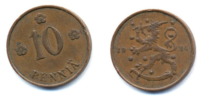 Финляндия 10 пенни 1934 республика (1918-1962) KM 24 медь 51-5353