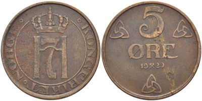 НОРВЕГИЯ 5 ЭРЕ 1929 ХОКОН VII (1905-1957) KM 368 бронза 115-811