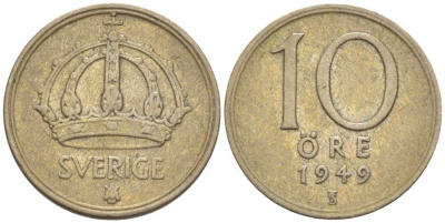 Швеция 10 эре 1949 TS, Густав V (1907-1950) KM 813 серебро 116-1161