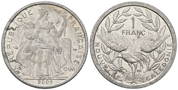 Французская Новая Каледония 1 франк 2009 птица кагу, (IEOM) KM 10, Schoen 10 алюминий 55-1131
