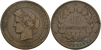 Франция 10 сантимов 1896 A, Третья республика (1871-1940) KM 815.1, Le Franc 135.33 бронза 4120-123