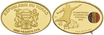 Чад 3000 франков 2016 Чемпионат Европы по футболу во Франции, овал, эмаль KM 9 золото PROOF 00-811-09