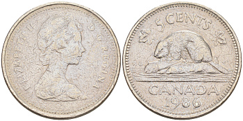 Канада 5 центов 1986 Елизавета II (1952-2022), бобер KM 60.2 a медно-никель 190-455