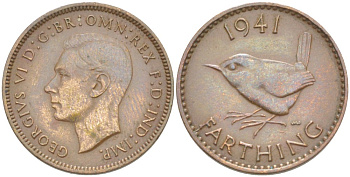 Великобритания 1 фартинг 1941 Георг VI (1936-1952) KM 843, Spink 4116 бронза 4543-1114