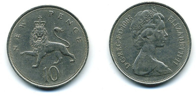 Великобритания 10 пенсов 1968 Елизавета II (1952-2022) KM 912, Spink 4231 (F1) медно-никель  4110-1136