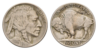 США 5 центов 1917 индеец, бизон KM 134 медно-никель 4658-1027