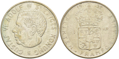 Швеция 1 крона 1952 TS, Густав VI Адольф (1950-1973) KM 826 серебро 3851-917