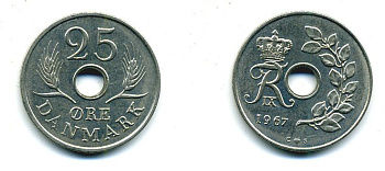 ДАНИЯ 25 ЭРЕ 1967 С; S, ФРЕДЕРИК IX (1947-1972) KM 855.1 медно-никель 25-455