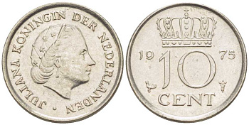 НИДЕРЛАНДЫ 10 ЦЕНТОВ 1975 ЮЛИАНА (1948-1980) KM 182 никель 116-1235