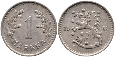 ФИНЛЯНДИЯ 1 МАРКА 1940 S KM 30 медно-никель 4388-952
