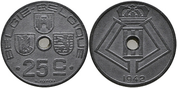 БЕЛЬГИЯ 25 САНТИМОВ 1942 BELGIE-BELGIQUE, ГЕРМАНСКАЯ ОККУПАЦИЯ, ВТОРАЯ МИРОВАЯ ВОЙНА KM 132 цинк 94-216