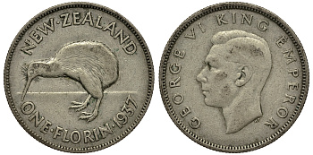 Новая Зеландия 1 флорин 1937 Георг VI (1936-1952), птичка киви, первый год KM 10.1 серебро 272-1432