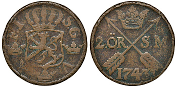 Швеция 2 эре 1743 S.M. Фредерик I (1720-1751) диаметр 34 мм, вес 28,3 гр KM 437 медь 4179-311