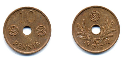 ФИНЛЯНДИЯ 10 ПЕННИ 1941 KM 33.1 медь 51-4921