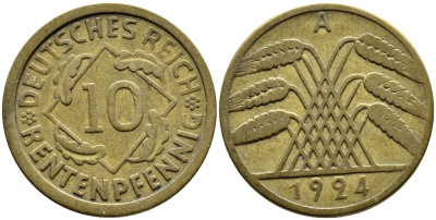 ГЕРМАНИЯ 10 РЕНТЕНПФЕННИГОВ 1924 A KM 33, J. 309, Weege 8 алюминиевая бронза 4390-826