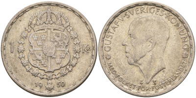 Швеция 1 крона 1950 TS, Густав VI Адольф (1950-1973) KM 814 серебро 4148-1132