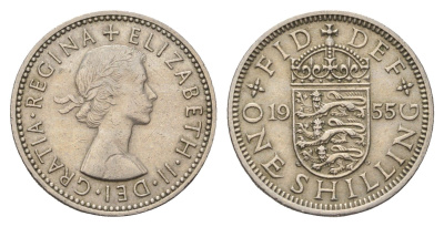 Великобритания 1 шиллинг 1955 Елизавета II (1952-2022), Английский герб KM 904, Spink 4147 медно-никель 4695-745