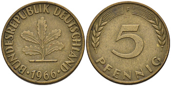 ФРГ 5 ПФЕННИГОВ 1966 F KM 107, J. 382 сталь плакированная латунью 75-463