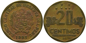 Перу 20 сентимо 1993 LIMA KM 306.1, Schon 105 латунь 4543-956