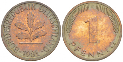 ФРГ 1 ПФЕННИГ 1981 F KM 105 J 380 сталь плакированная медью 3718-228