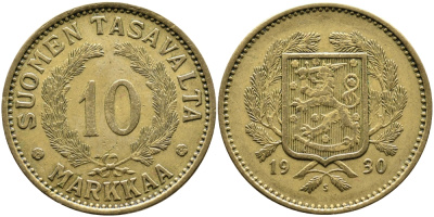 Финляндия 10 марок 1930 S KM 63 алюминиевая бронза 4388-1047
