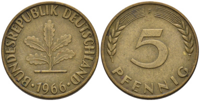 ФРГ 5 ПФЕННИГОВ 1966 F KM 107, J. 382 сталь плакированная латунью 75-463