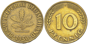 ФРГ 10 ПФЕННИГОВ 1950 F KM 108, J. 383 сталь плакированная латунью 4182-742