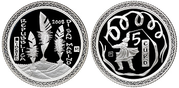 Сан-Марино 5 евро 2008 Олимпиада в Пекине, танец с лентами, в коробке с сертификатом KM 513 серебро PROOF 2-5-2-11