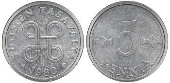 ФИНЛЯНДИЯ 5 ПЕННИ 1980 KM 45а алюминий UNC 3334-1065