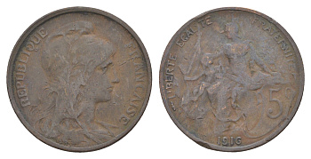 Франция 5 сантимов 1916 KM 842 бронза 4539-343