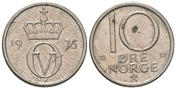 Норвегия 10 эре 1975 AB, Улаф V (1957-1991) KM 416 медно-никель 4564-623