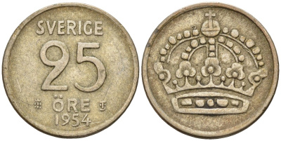 Швеция 25 эре 1954 TS, Густав VI Адольф (1950-1973) KM 824 серебро 4147-1039