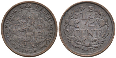 Нидерланды 1/2 цента 1928 Вильгельмина (1890-1948) KM 138 бронза 4576-517