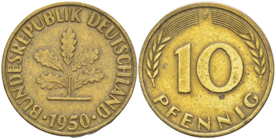ФРГ 10 ПФЕННИГОВ 1950 F KM 108, J. 383 сталь плакированная латунью 4182-742