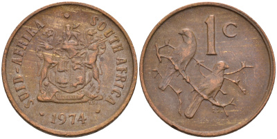 ЮАР 1 цент 1974 герб, капские воробьи KM 82 бронза 4115-162