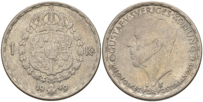 Швеция 1 крона 1949 TS, Густав VI Адольф (1950-1973) KM 814 серебро 4148-1121