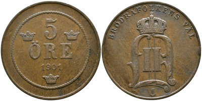 Швеция 5 эре 1901 Оскар II (1872-1907) король Швеции и Норвегии KM 757 бронза 54-2054