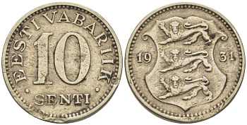Эстония 10 центов 1931 Республика (1928-1940) KM 12 никель бронза 100-417