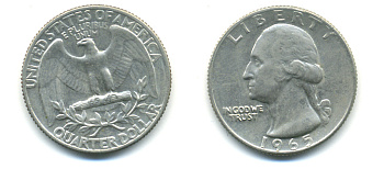 США 25 центов (квотер) 1965 Вашингтон KM 164а медь плакированная медно-никелем 93-1121