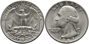 США 25 центов (квотер) 1967 Вашингтон KM 164а медь плакированная медно-никелем 113-515