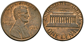 США 1 цент 1984 Линкольн KM 201b цинк плакированный медью 4136-244