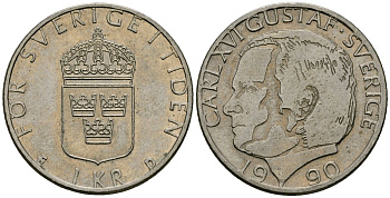 Швеция 1 крона 1990 Карл XVI Густав (1973- ) KM 852a медь плакированная медно-никелем 4176-614